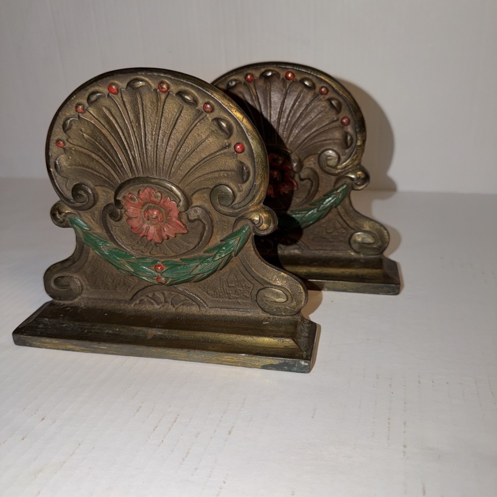 Antique vintage Cast Iron Shell Design Bookends Floral and Leaf Accents